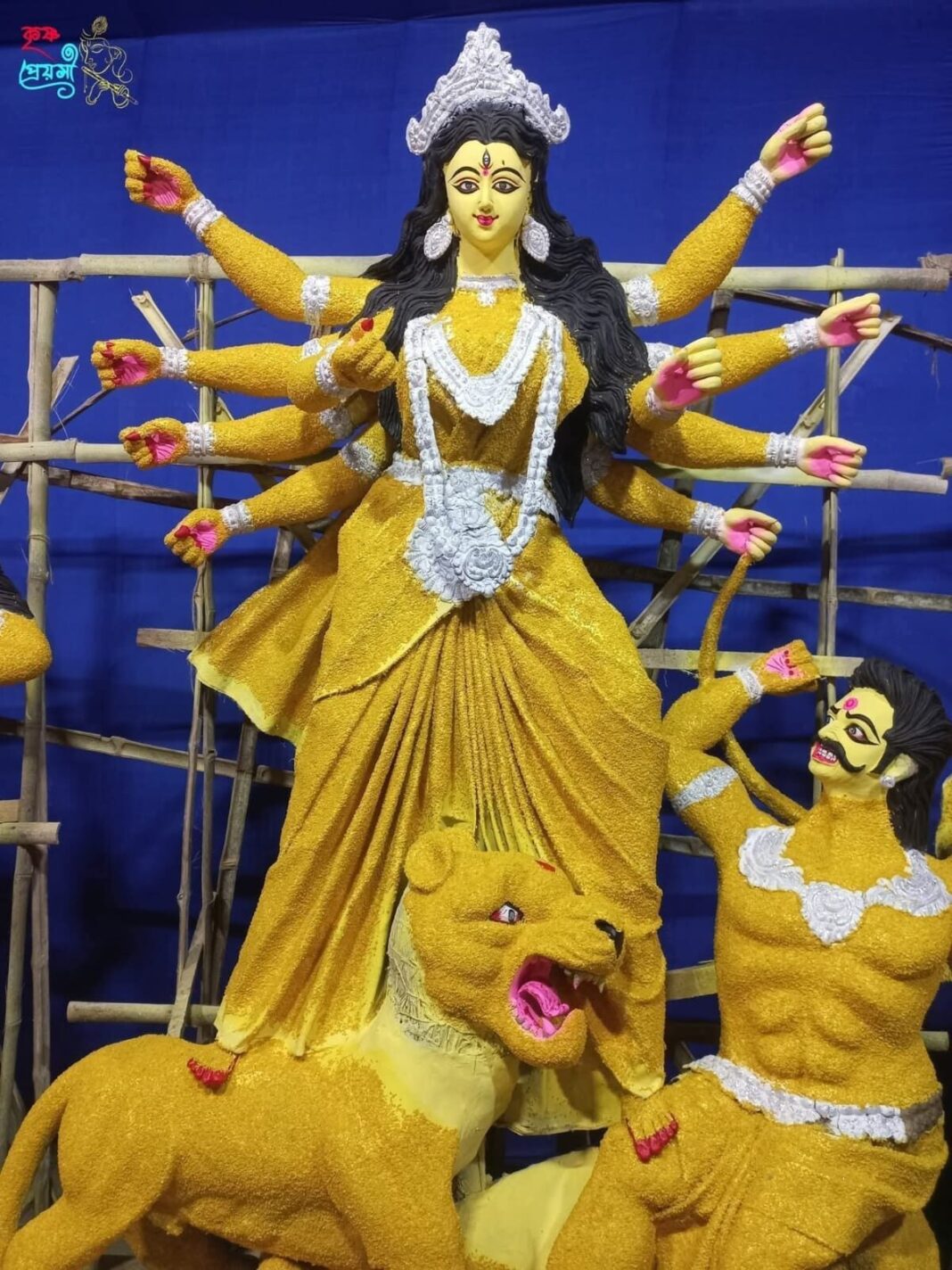 নাটোরে এবার সোনালী পাট ও মুগডাল দিয়ে তৈরি দুর্গা প্রতিমা।