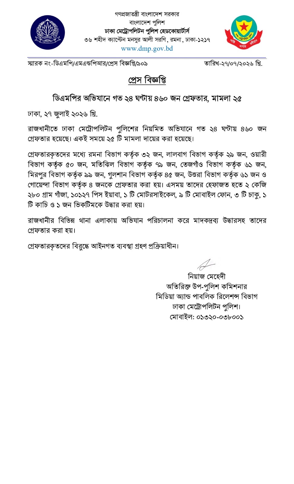 ডিএমপির অভিযানে গত ২৪ ঘণ্টায় ৪৬০ জন গ্রেফতার, মামলা ২৫ ডিএমপির অভিযানে গত ২৪ ঘণ্টায় ৪৬০ জন গ্রেফতার, মামলা ২৫