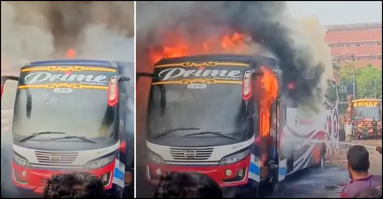 মহাখালীতে দাঁড়িয়ে থাকা এসি বাসে আগুন